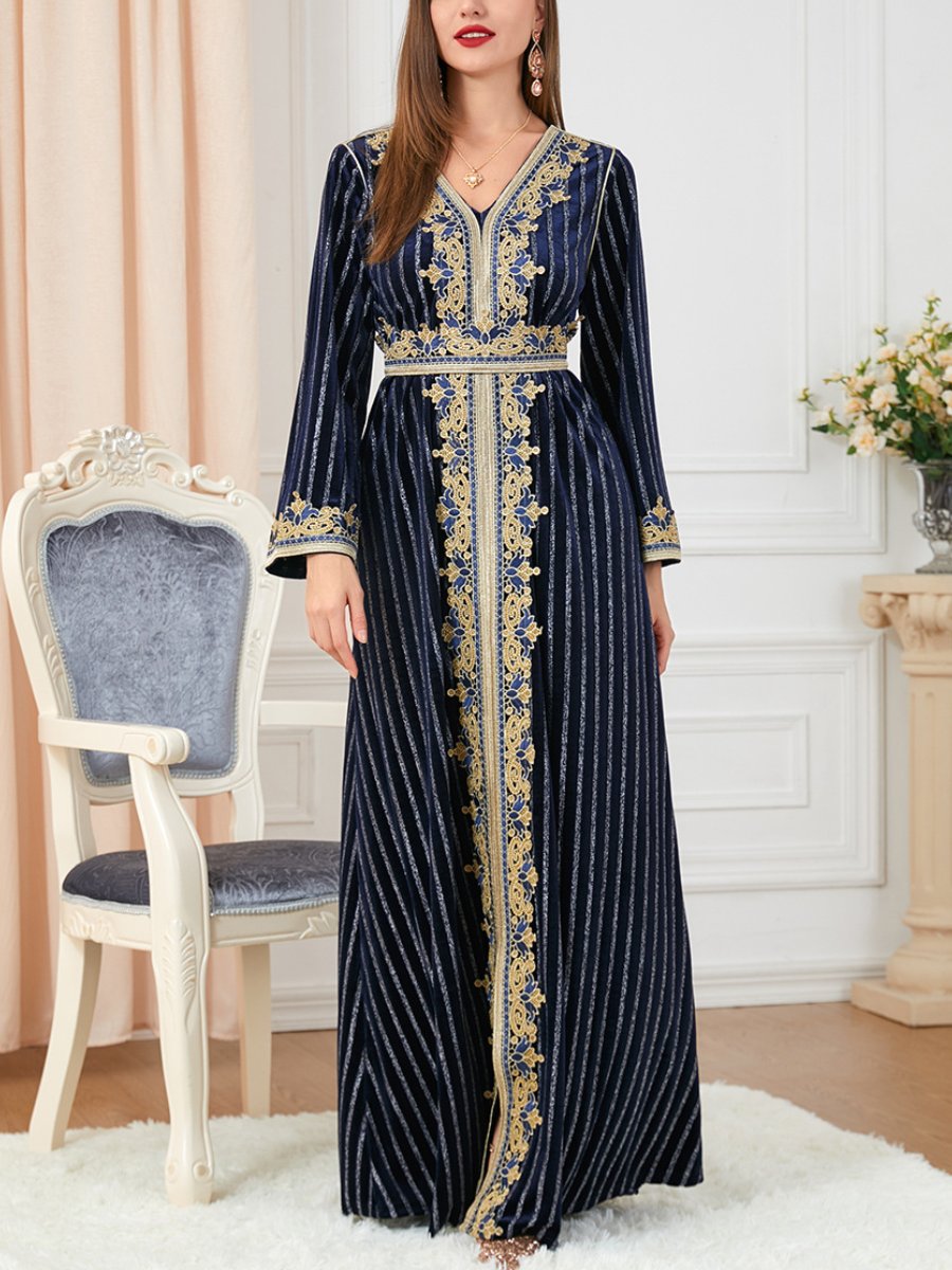 Solid Color Belt Design V Neck Long Sleeve Velvet Dress | Oxredo Shop Ramadan Sale