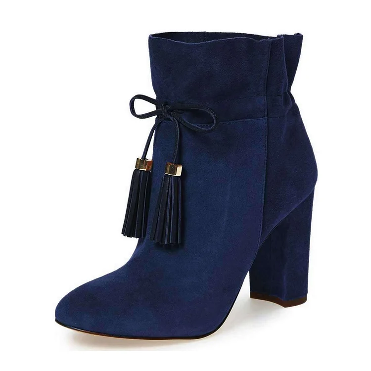 Navy Vegan Suede Fringe Chunky Heel Boots Ankle Boots |FSJ Shoes