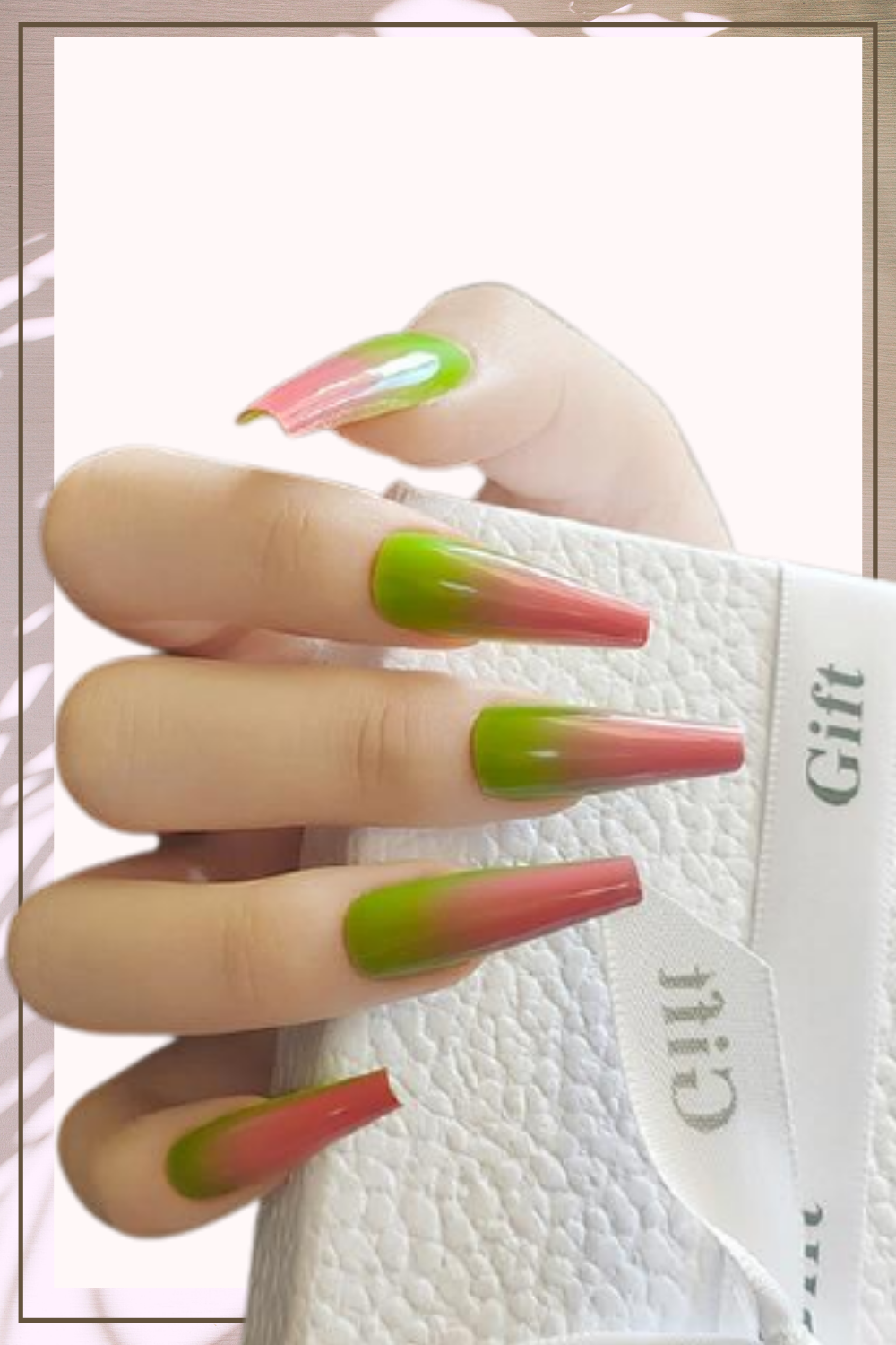 Press On Nails Pink And Green Glossy Ombre Coffin Nail Kit
