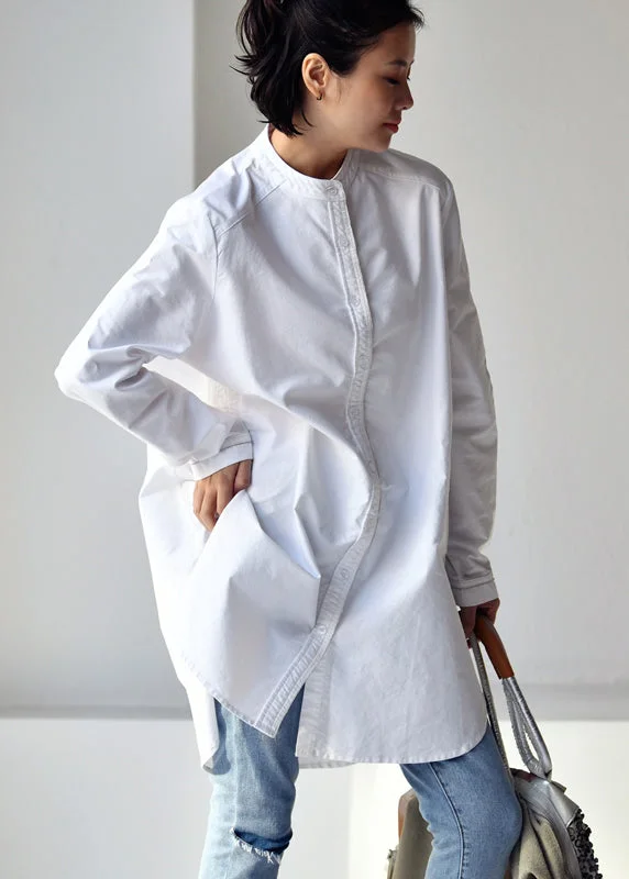 Elegant White O-Neck Low High Design Button Cotton Shirt Long Sleeve