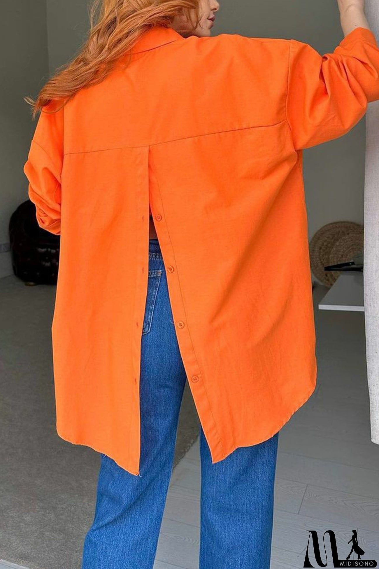 MidiSono - Single-breasted Back Slit Solid Blouse