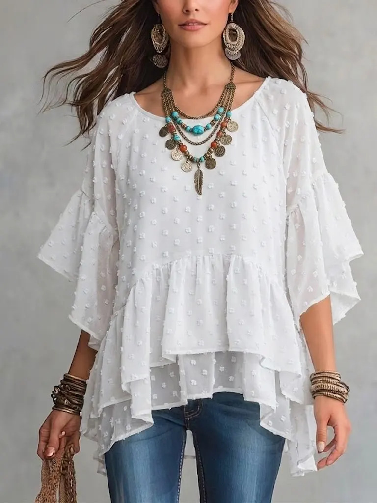 Women's Round Neck 3/4 Bell Sleeve Tiered Flowy Tunic Top