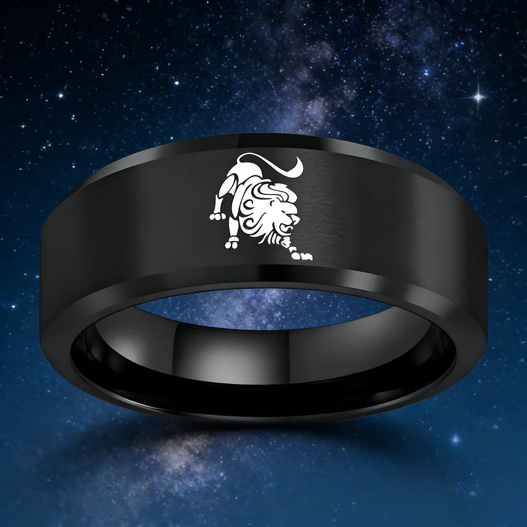 Black Leo Tungsten Carbide Rings Beveled Edges Black Laser Etched Couple Wedding Bands 4MM 6MM 8MM