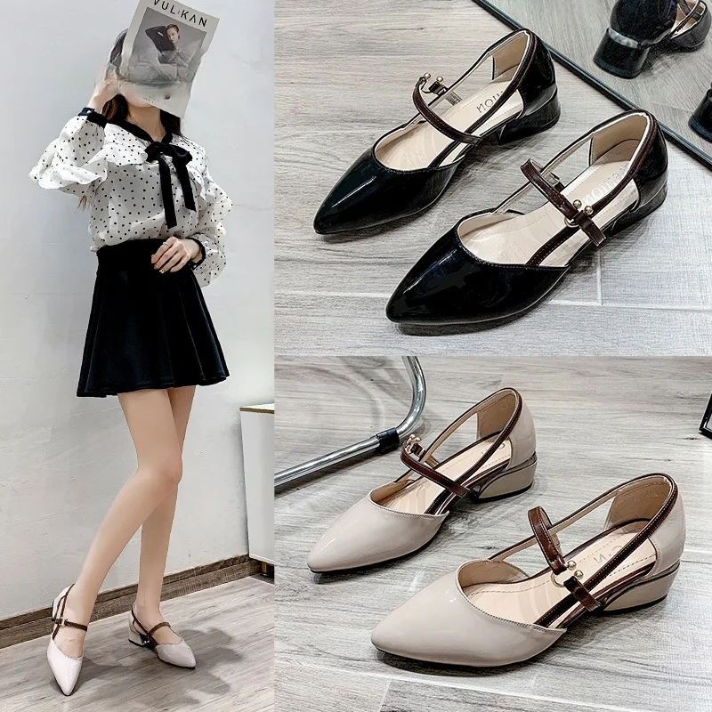 Breakj New Fashion Pointed Sandals Feminine Fashion Buckle Strap Square Heel Patent Leather Women's Shoes Baotou Sandals Zapatos