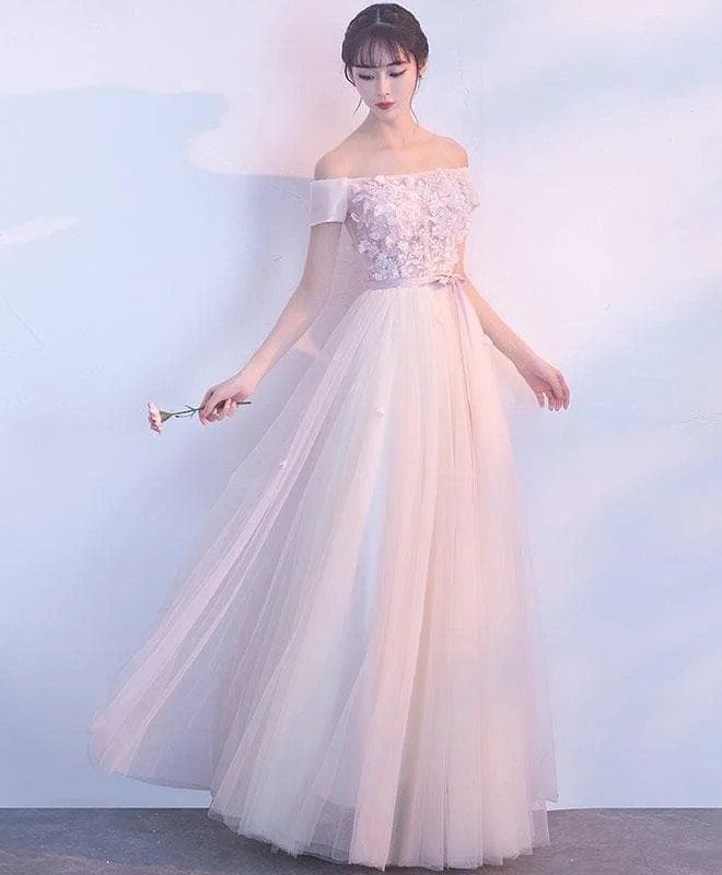 Pink Tulle Off Shoulder Long Prom Dress, Pink Evening Dress