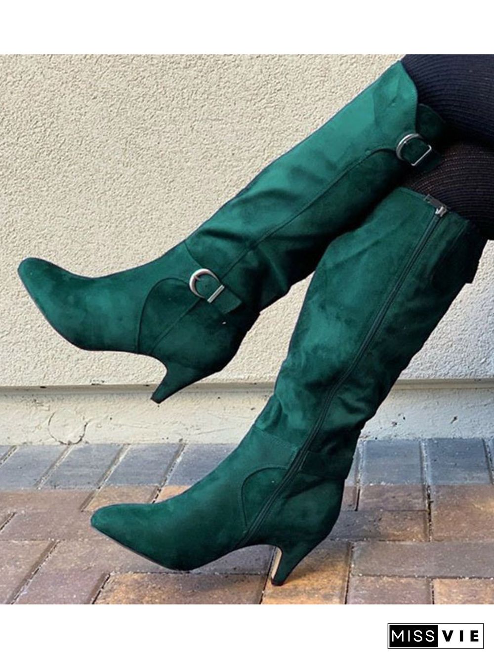 Simple Plain Adjustable Buckle Zipper Mid Calf Boots