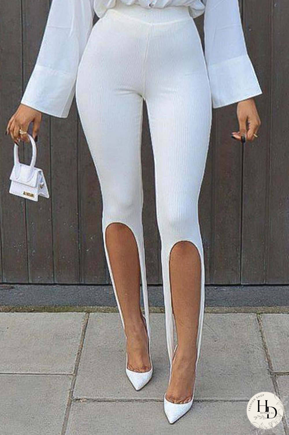 White Casual Solid Hollowed Out Skinny High Waist Pencil Solid Color Bottoms