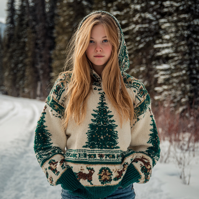 Women's Vintage Christmas Tree Cozy Knit Hooded Sweater elevenforest