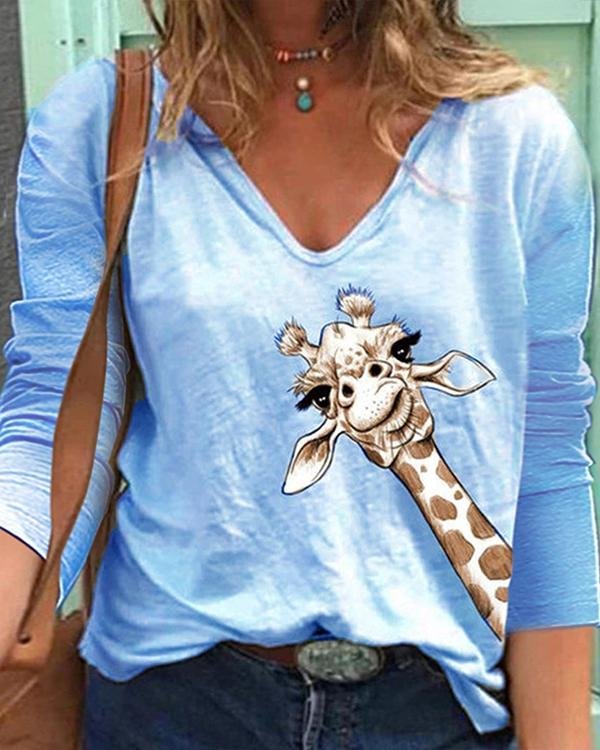 Women Animal Print V Neck Long Sleeve T-Shirts