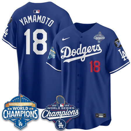 Youth Los Angeles Dodgers #18 Yoshinobu Yamamoto Royal 2025 World Series Champions Jersey