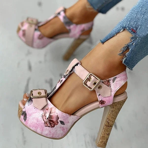 Flower Print Peep Toe Platform Chunky Heels