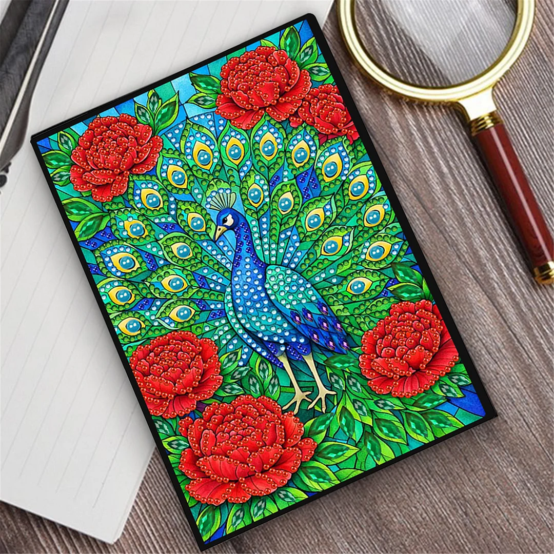 DIY Flower Diamond Painting Journals Notebooks 50 Pages A5 No Lines Special Shaped Diamond Art Kits for Beginners Craft Lovers and Artists (Peacocks)