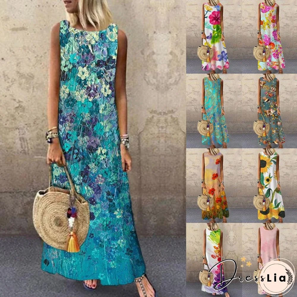 New Fashion Women's Elegant Sleeveless Flowers Print A-Line Dress Round Neck Casual Party Dresses Long Dress Plus Size