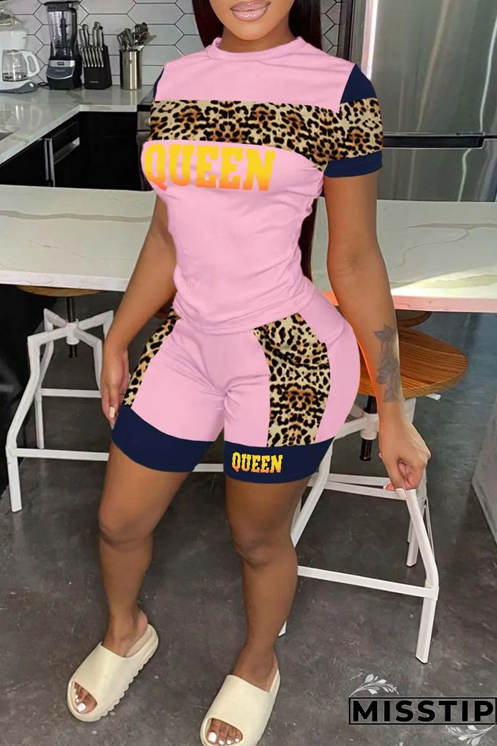 Pink Casual Letter Print Patchwork O Neck Short Sleeve Two Pieces