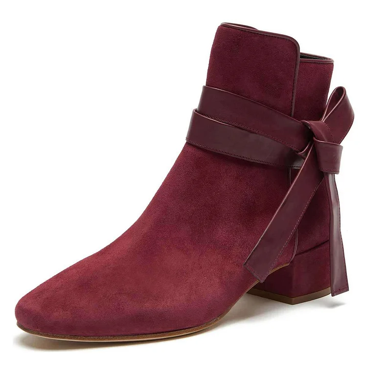 Burgundy Vegan Suede Boots Bow Chunky Heel Ankle Boots |FSJ Shoes