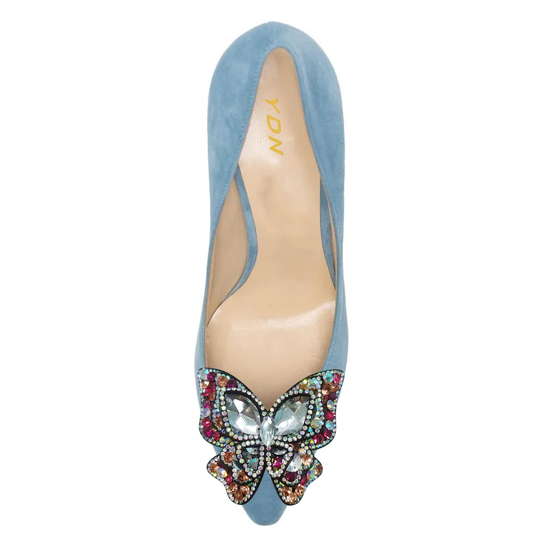 Sky Blue Faux Suede Pointed Toe Rhinestone Butterfly High Heels
