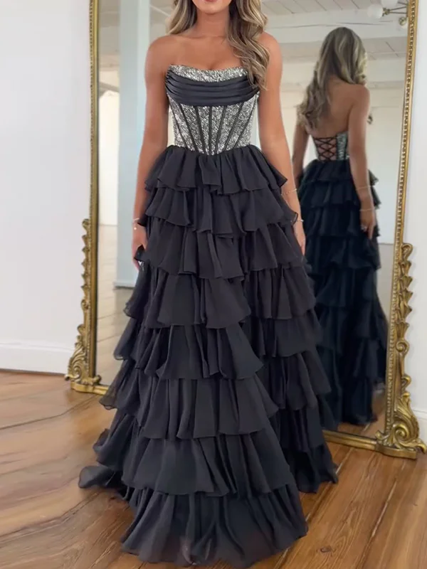Shiny Sequinned Patchwork Sleeveless Tube Ruffled Evening Chiffon Maxi Dresses