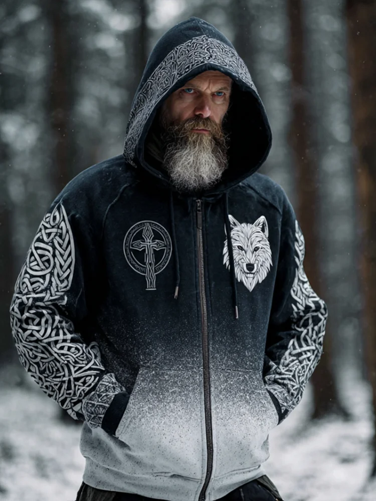 Men's Black And White Gradient Wolf Head Design Hooded Sweatshirt Jacket