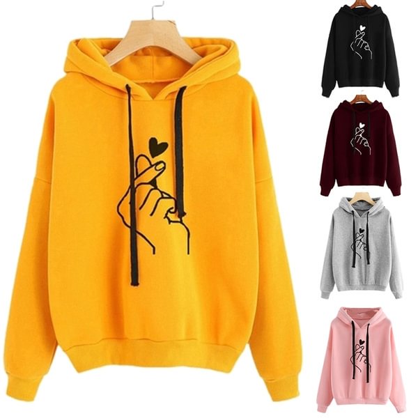 New Fashion Women's Hooded Sweater Casual Printed Finger Heart Long Sleeve Solid Color Loose Tops Hoodies Coat - Shop Trendy Women's Fashion | TeeYours