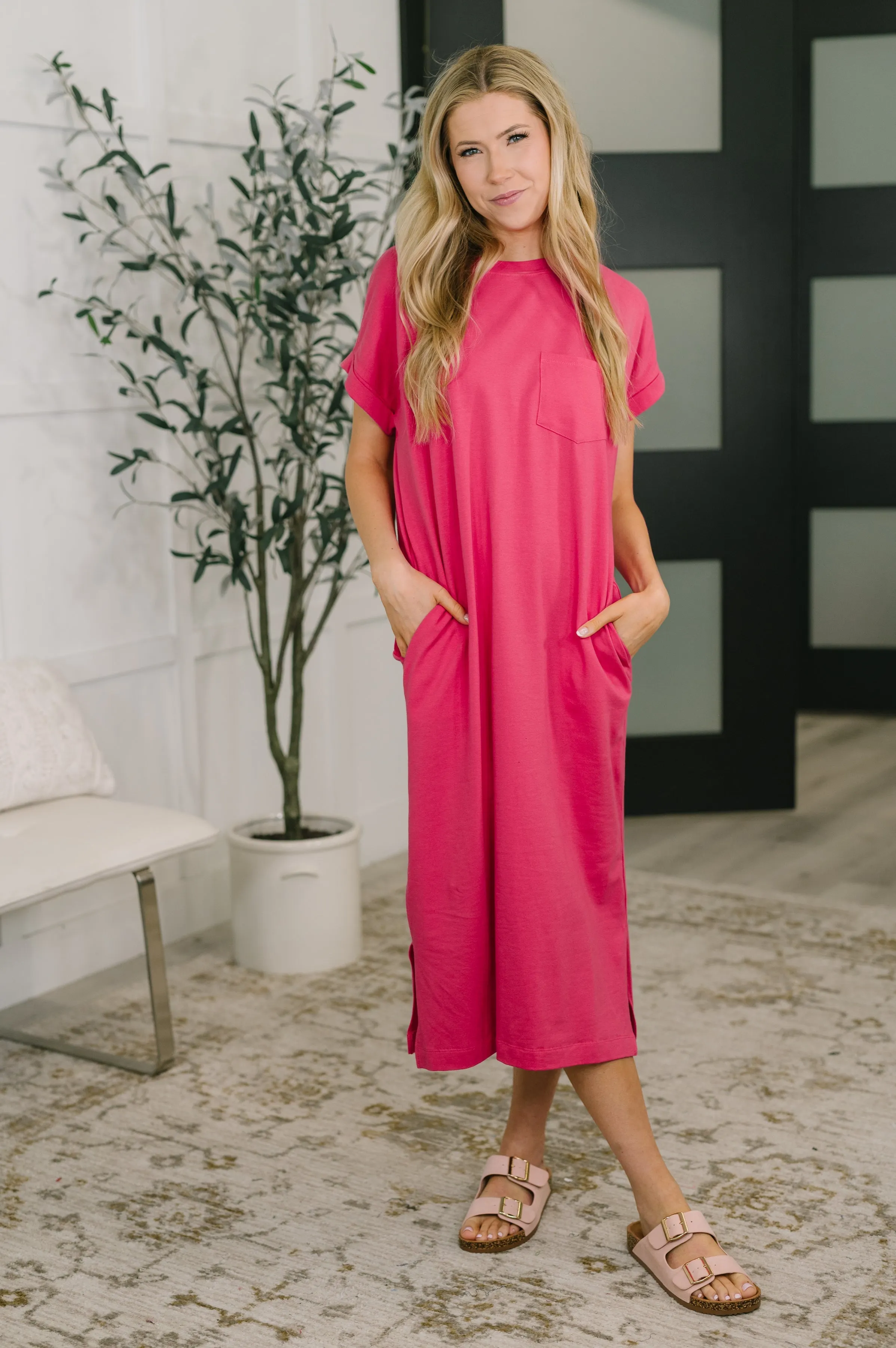 Fix You Right Up Short Sleeve Midi Dress in Hot Pink mysite idetrend