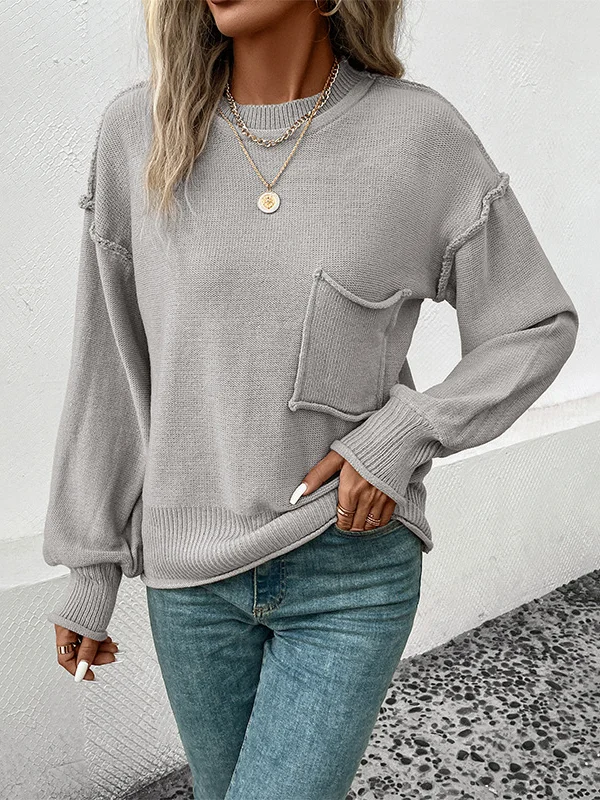Long Sleeves Loose Pockets Solid Color Split-Joint Round-Neck Pullovers Sweater Tops