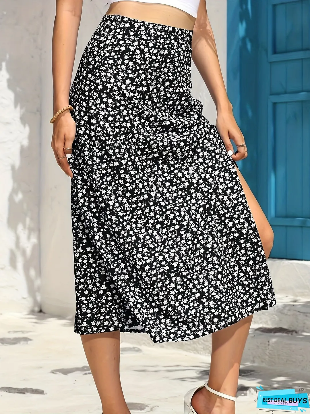 Floral Print Midi Skirt, Side Slit Casual Skirt For Summer & Spring, Women's Clothing