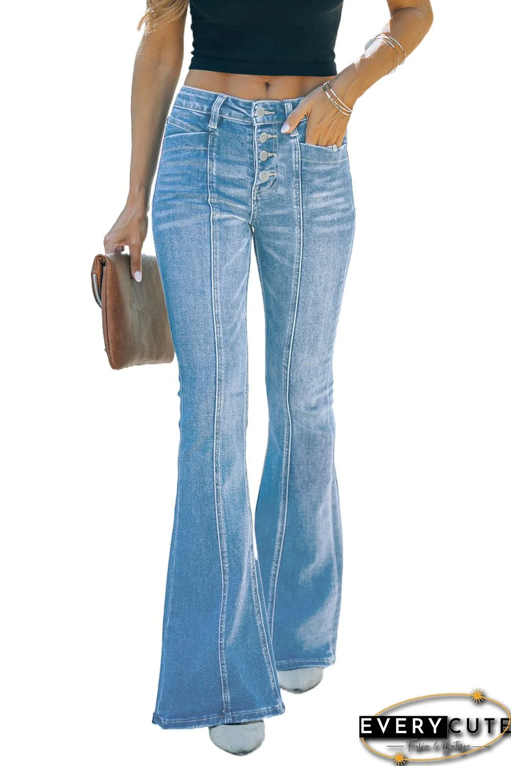 Sky Blue Button Fly Seamed Flare Jeans