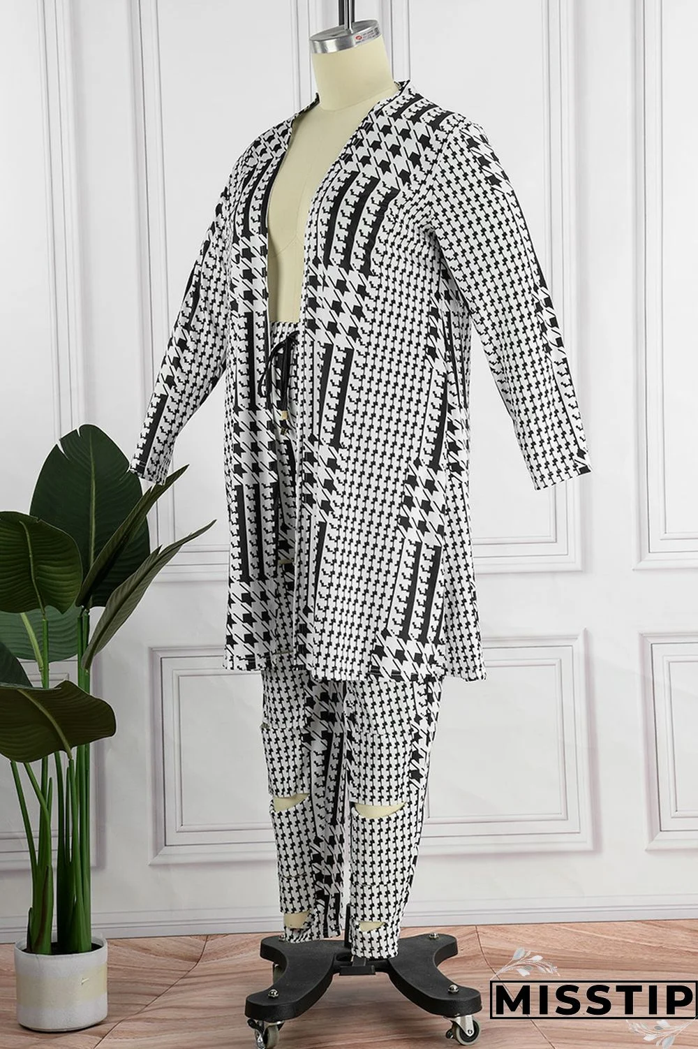 Black White Casual Print Ripped Printing Cardigan Collar Long Sleeve Two Pieces