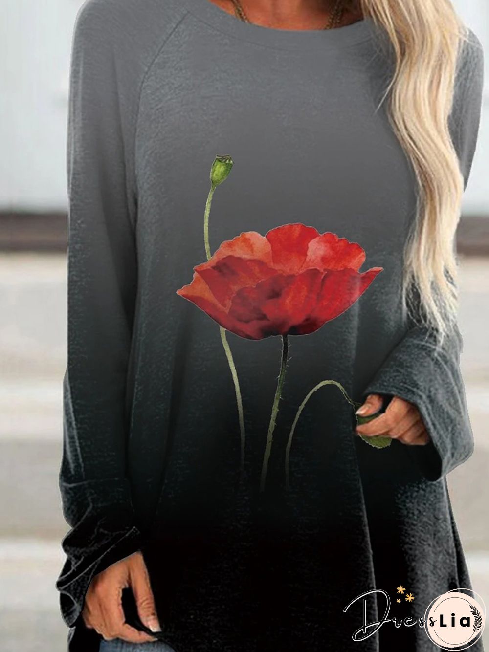 Black Floral Ombre/Tie-Dye Printed Casual Long Sleeve Round Neck Shift T-shirt