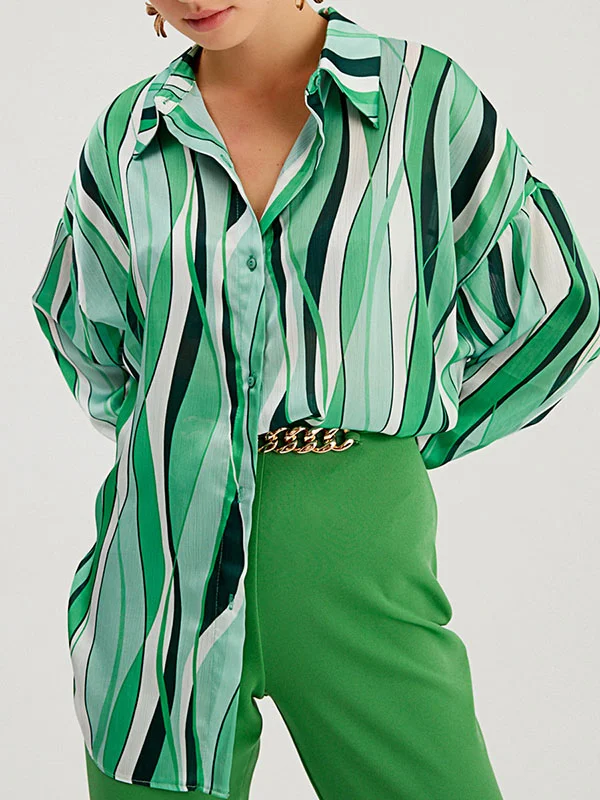 Contrast Color Striped Long Sleeves Loose Lapel Blouses