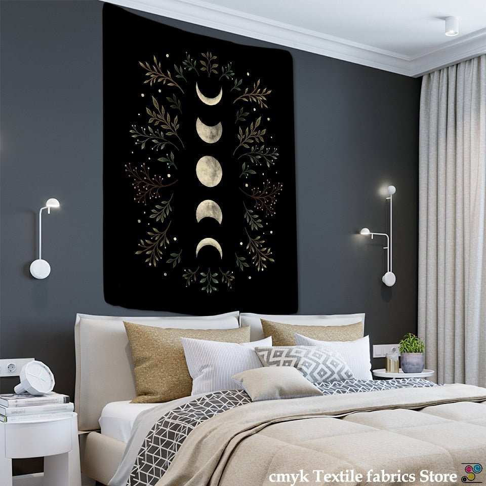 Vintage Moon Phase Tapestry Wall Hanging Moonlight Green Olive Leaf Bohemian Style Hippie Dormitory Home Decor