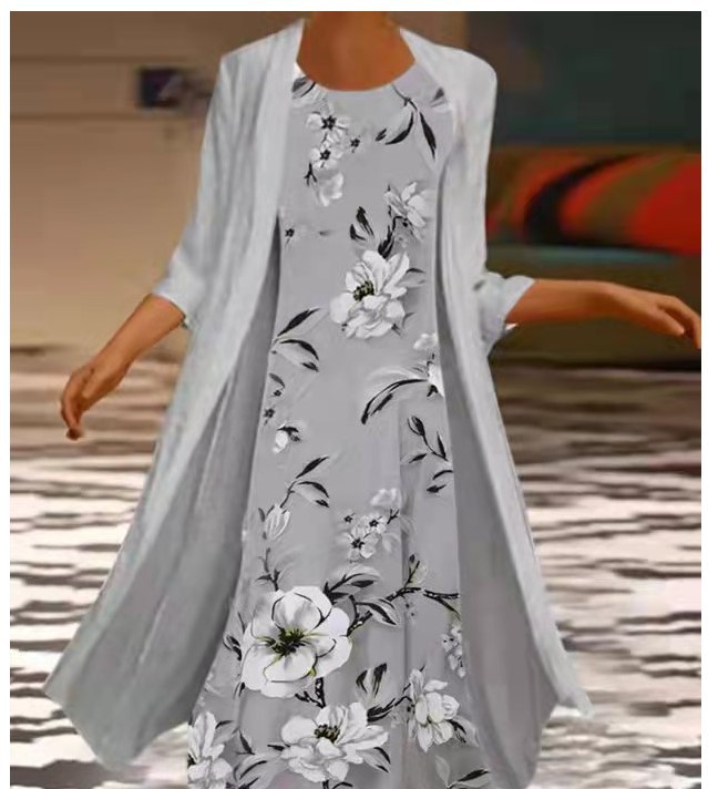 Mature Women Double-sided Midi Dress Blue Two-piece Set
