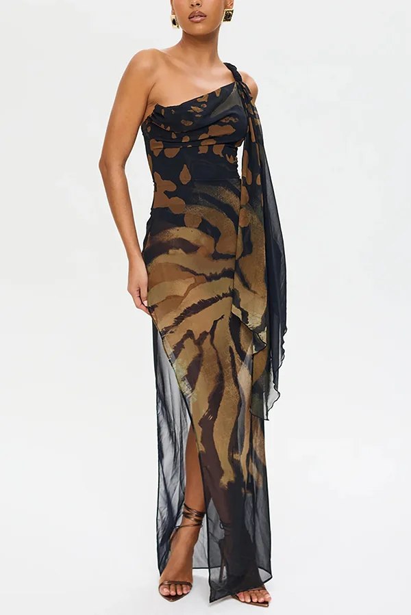 Unique Print Sexy One Shoulder Slim High Slit Maxi Dress