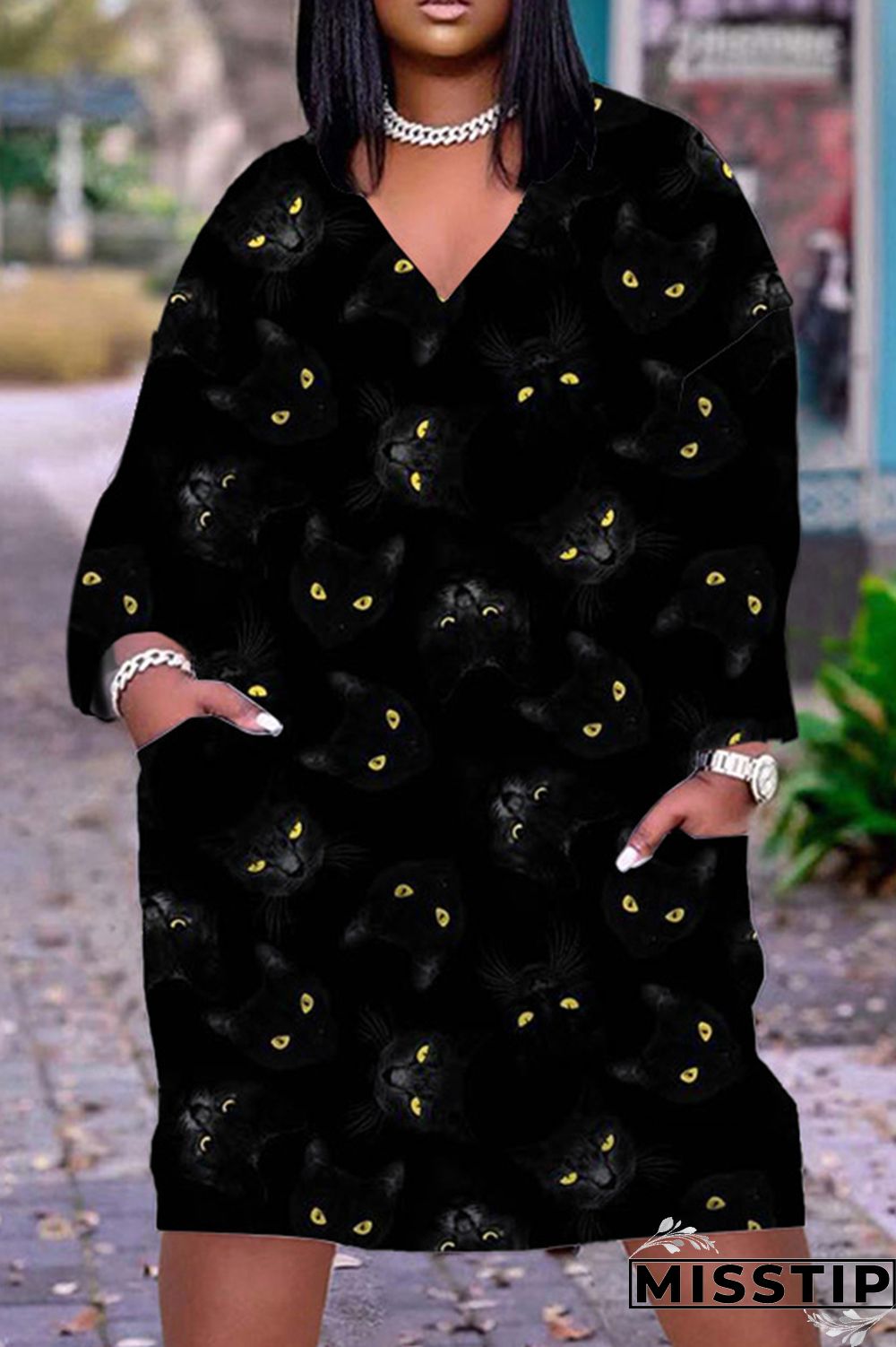 Black Casual Print Patchwork V Neck Long Sleeve Dresses
