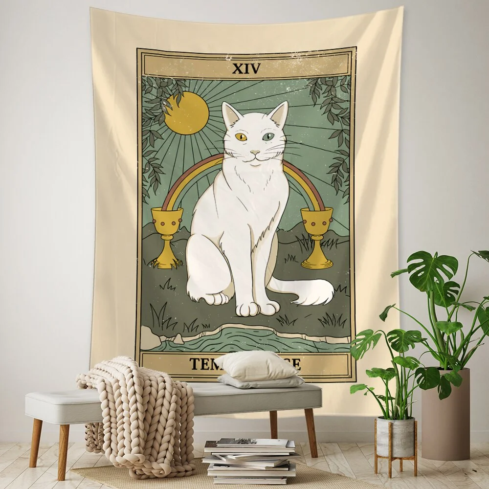 Tarot Card Tapestry Wall Hanging Bohemian Style Cat Mysterious Divination Witchcraft Beach Moon Phases Beautiful Room Decor