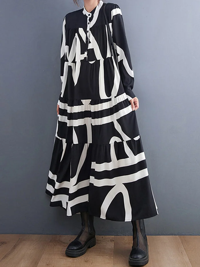 Fashion Long Sleeve Printed Midi Dress