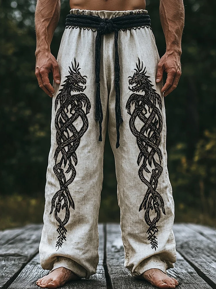 Men's Vintage Viking Tribal Dragon Celtic Art Linen Pants / Rvogue / Rvogue