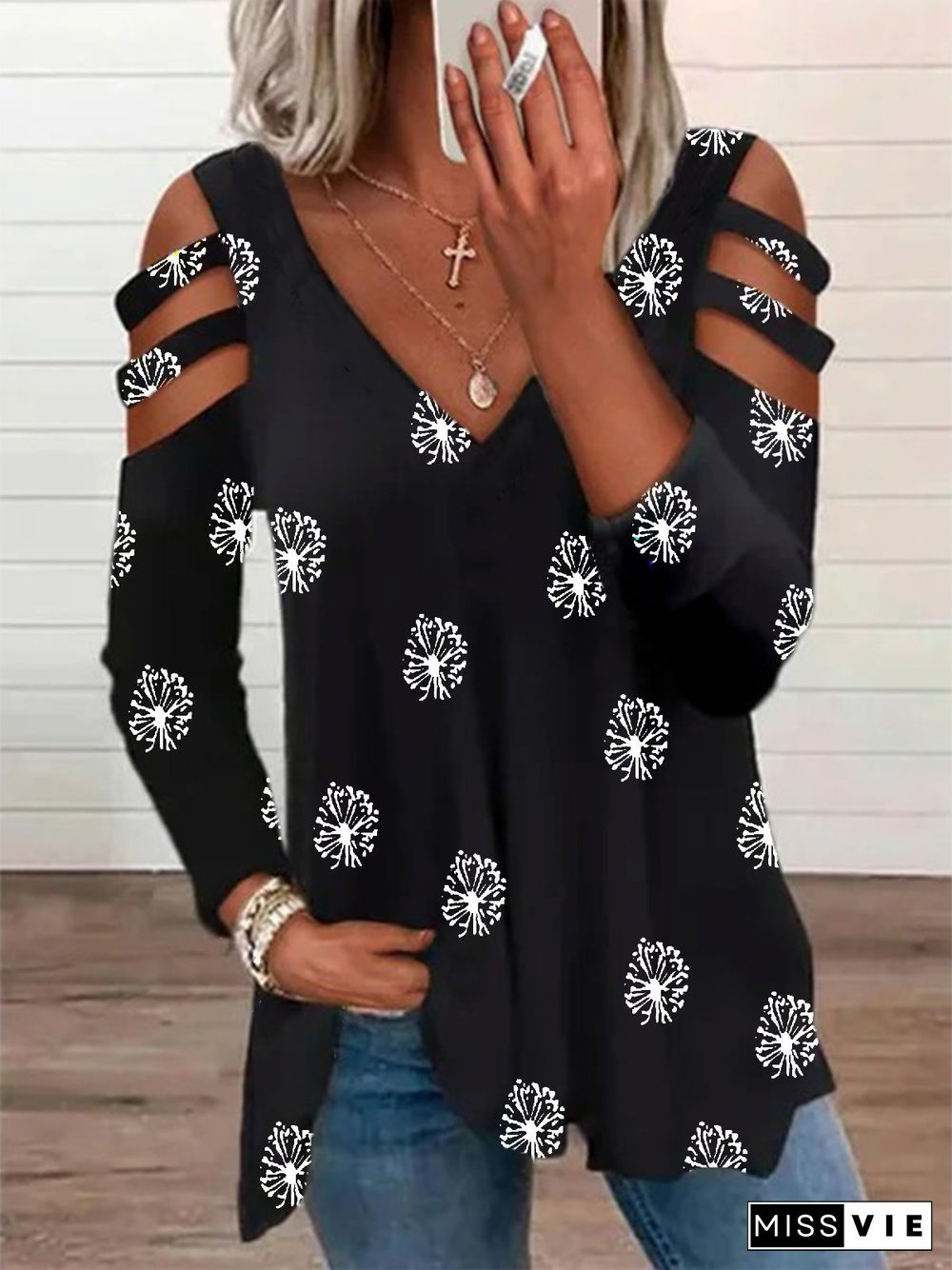 Casual Dandelion V neck Loose Long Sleeve T-Shirt