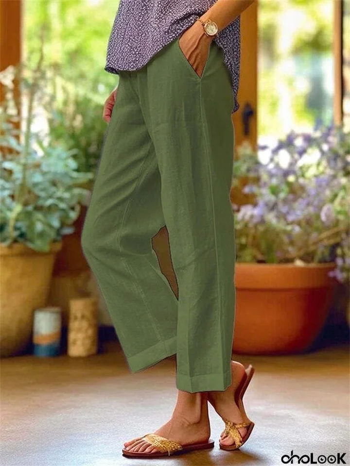 Plain Comfortable Linen Blend Summer Pants for Women