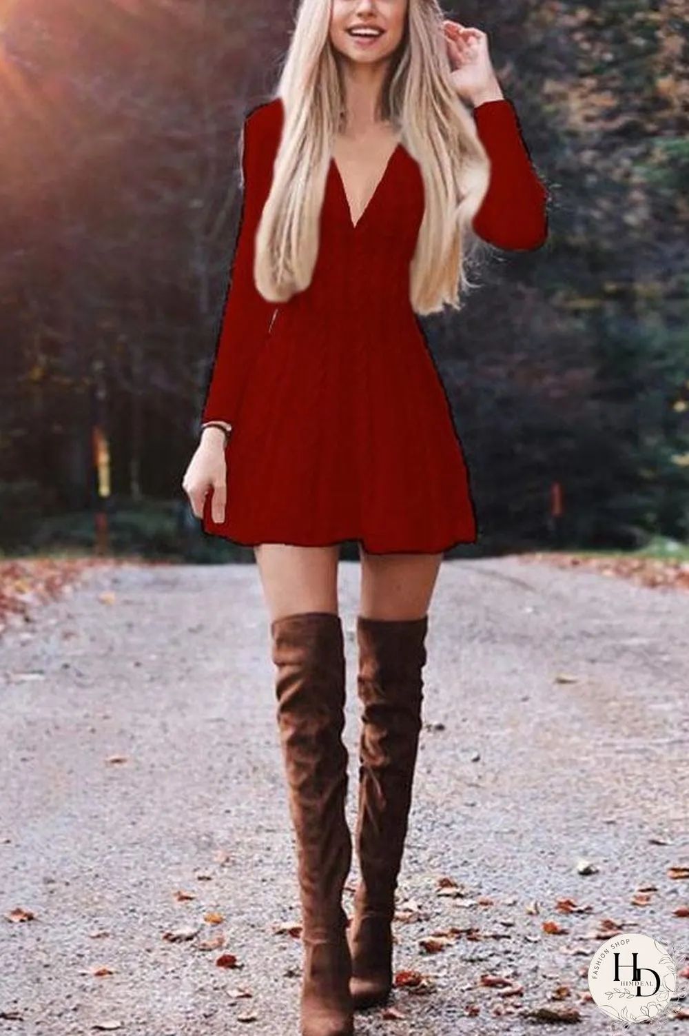 Sale Loose Solid Color Deep V Knitted Dress