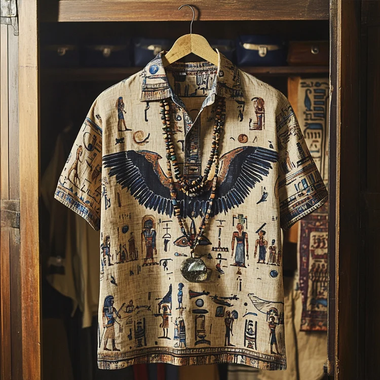 Egyptian Bird Loose Linen Short-sleeved Shirt
