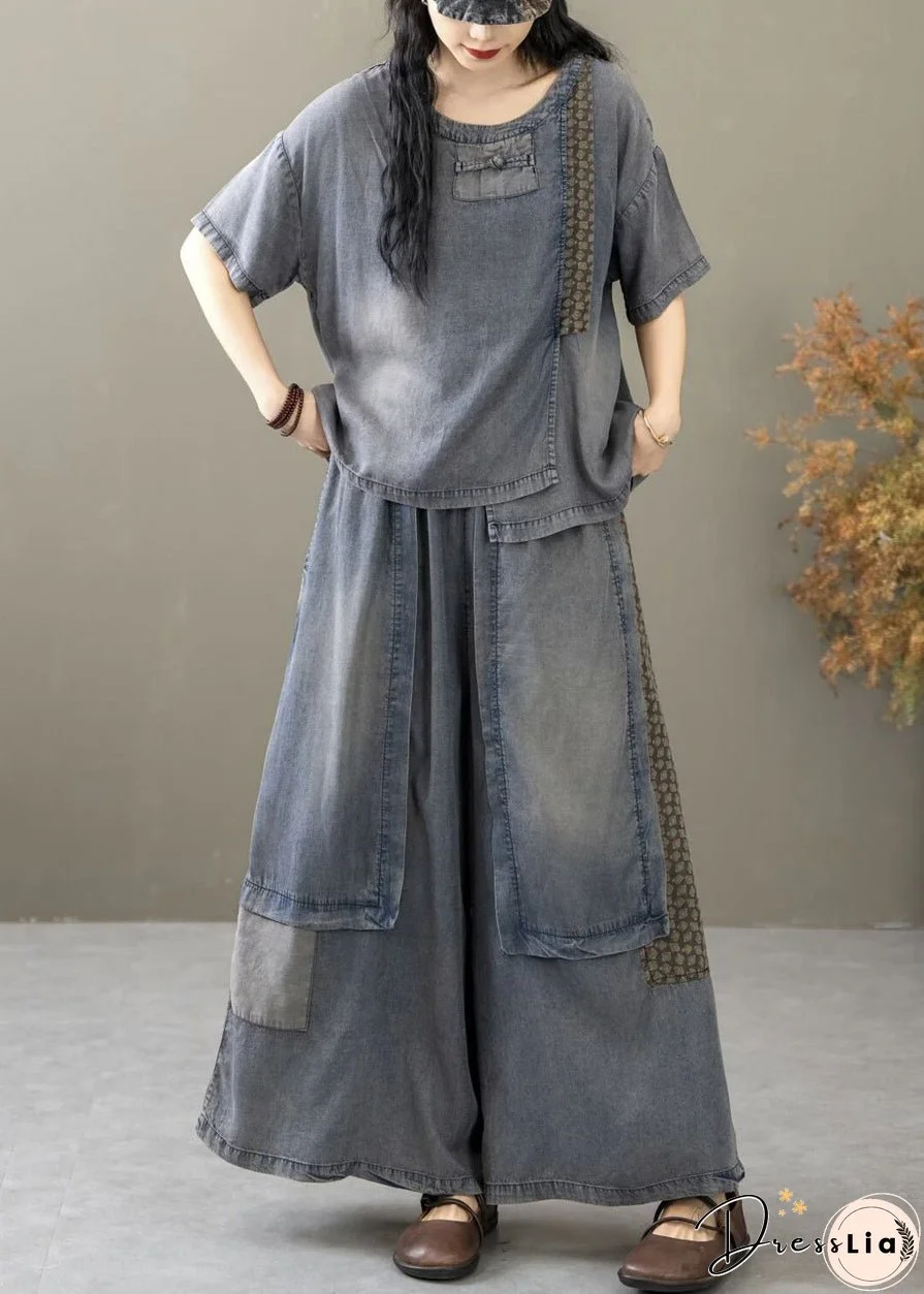 New Blue Pockets T Shirt And Wide Leg Pants Denim Two Pieces Set Summer