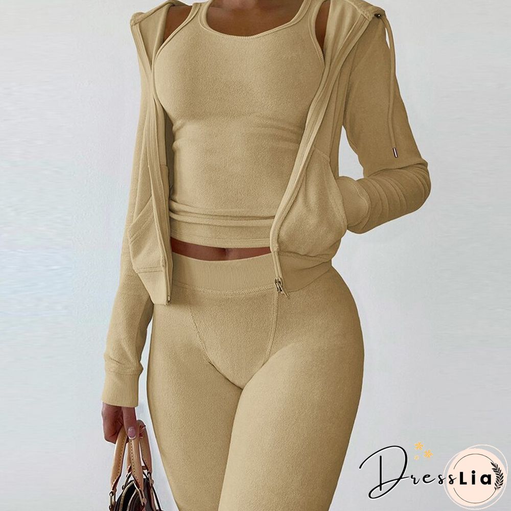 Casual Ladies Sport Suit Fashion Sleeveless O-Neck Tank Top + Long Sleeve Zip Hooded Coat + Pencil Pants Set Slim 3 Piece Sets