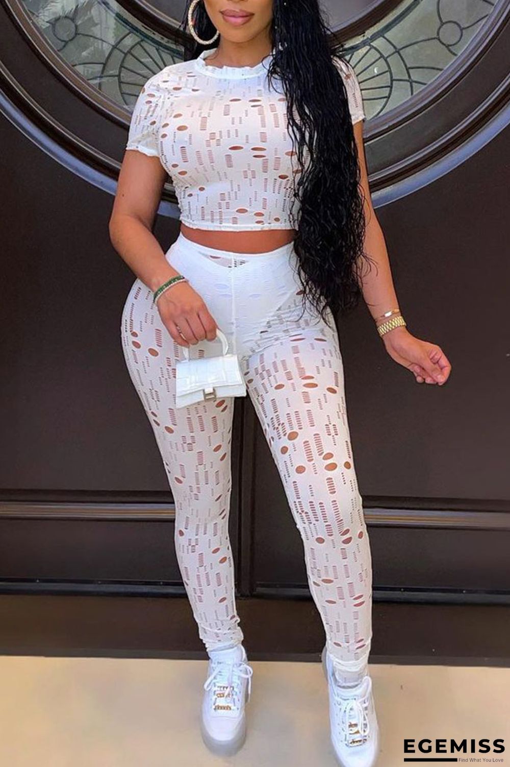 White Casual Solid Hollowed Out Patchwork O Neck Short Sleeve Two Pieces | EGEMISS