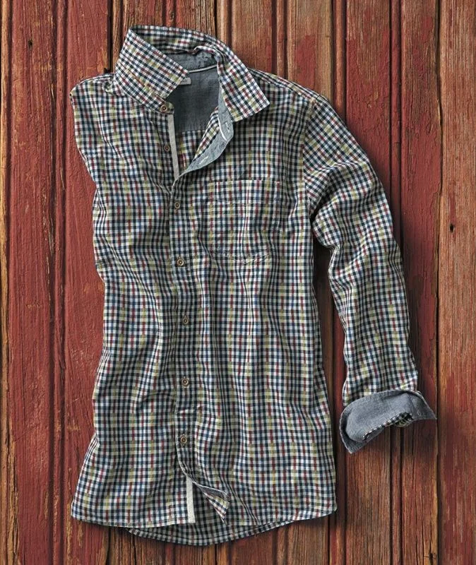 Men's Casual Check Print Long Sleeve Lapel Shirt