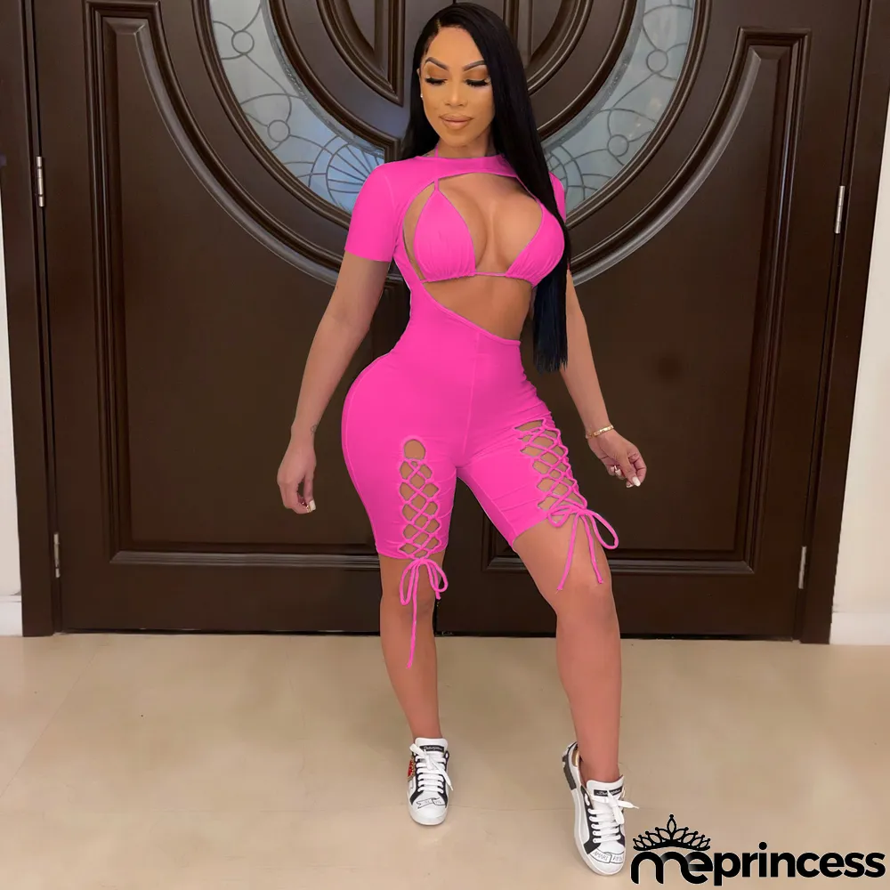 Sexy Short Sleeve Tie-up Romper And Bra Two Piece Sets