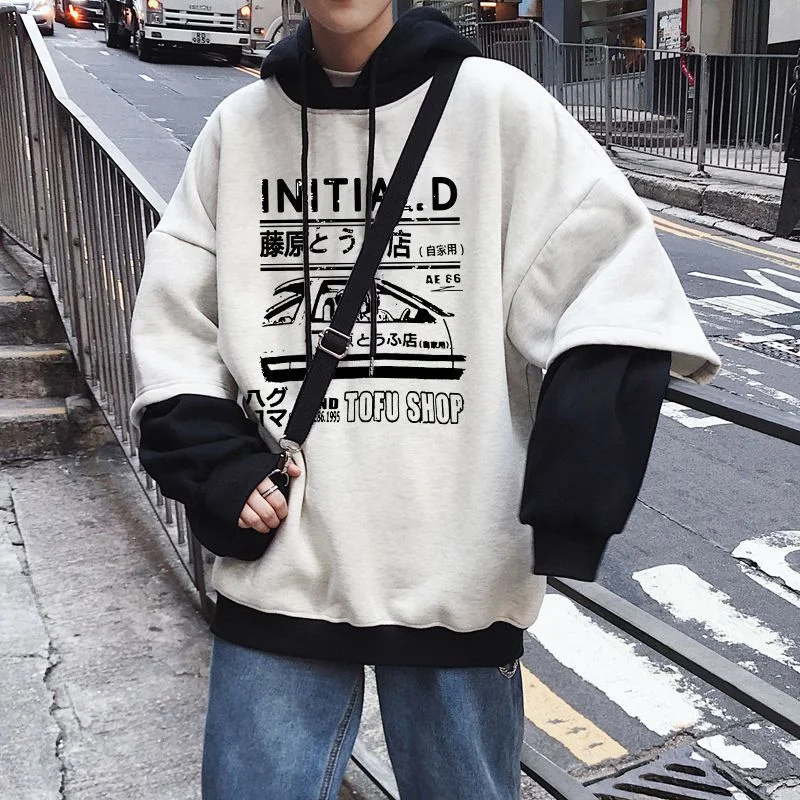 Hooded plus size sweatshirt men's Hong Kong style all-match loose Korean trend hoodies autumn winter preppy fake two streetwear