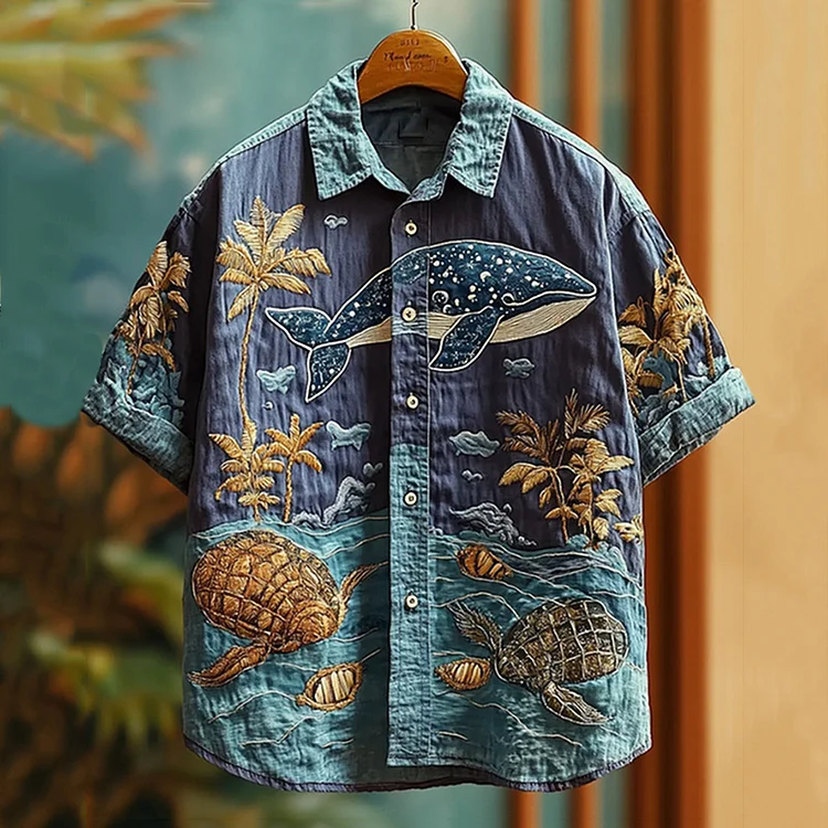 Men's Embroidered Sea Life Whale Vacation Hawaiian Shirt