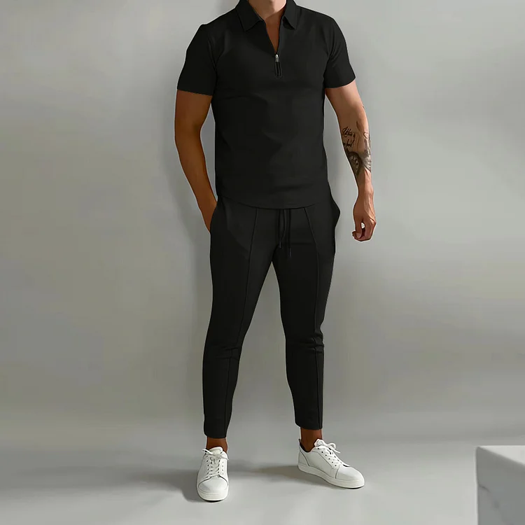 BrosWear Men's Solid Sports Casual Short Sleeve  Polo Shirt And Pants Co-Ord