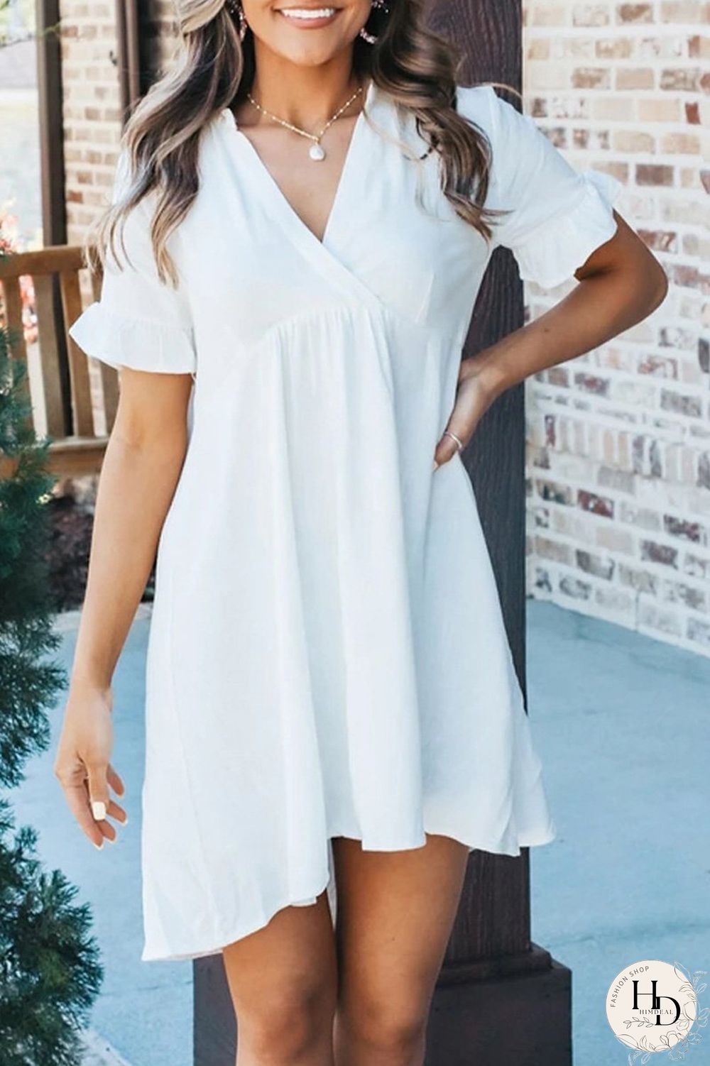 Solid Color Ruched V-Neck Dress